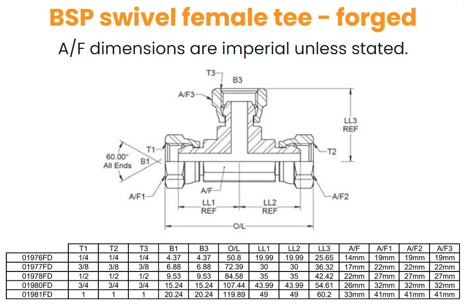 1/4 BSP F/F/F Forged Tee For Bonded Seal Hydraulic Adaptor
